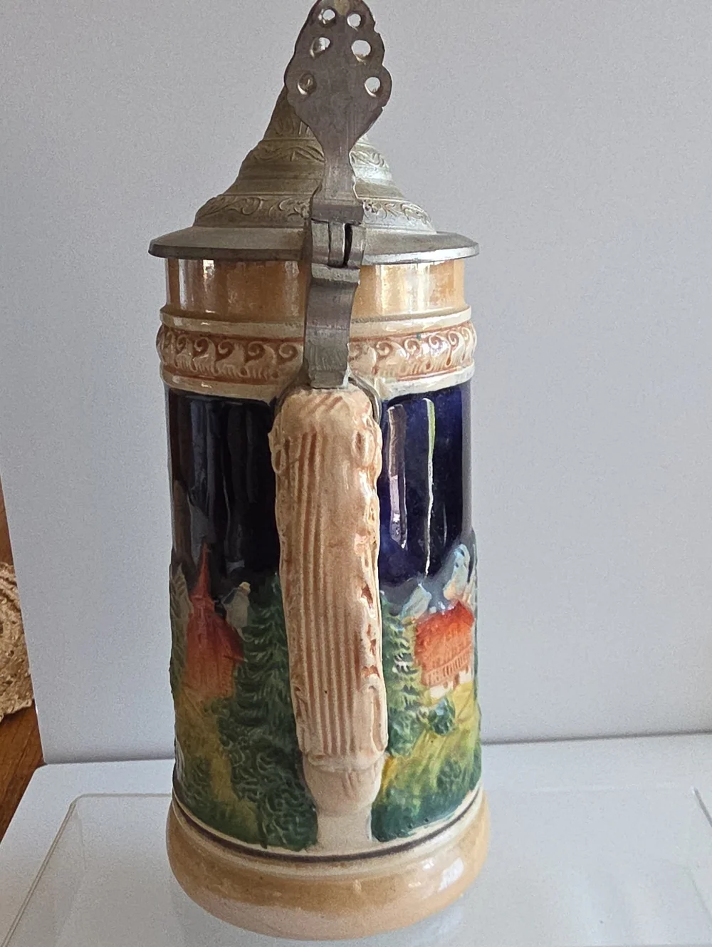 Vintage Original Gerz German Beer Stein w/ Pewter Lid -Cobalt Blue Tavern Scene